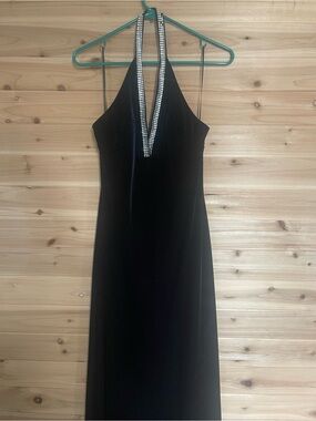 JS Collections Black Halter Evening Gown with Rhinestone Trim
